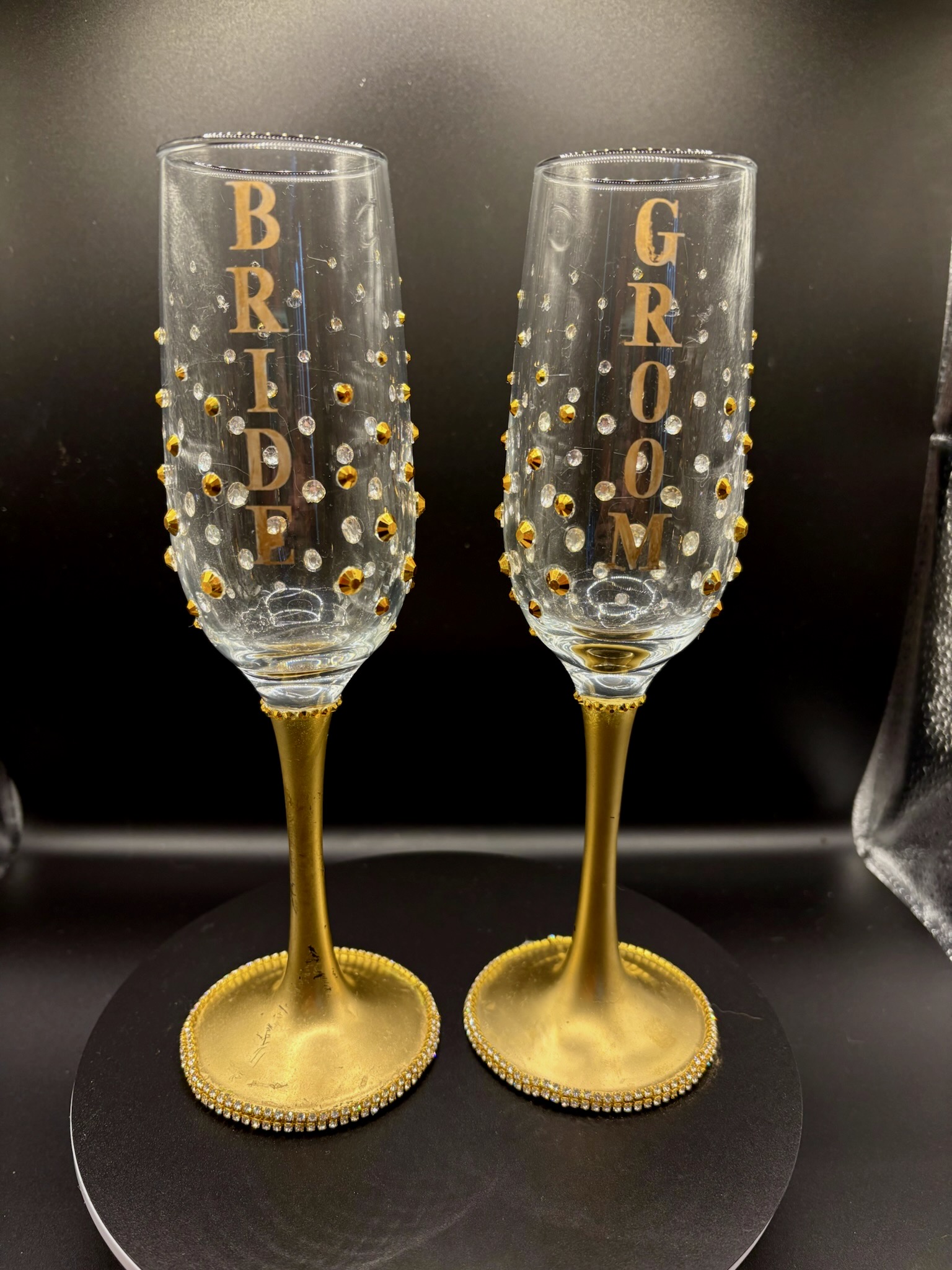 Custom Bride and Groom champagne flutes with rhinestones